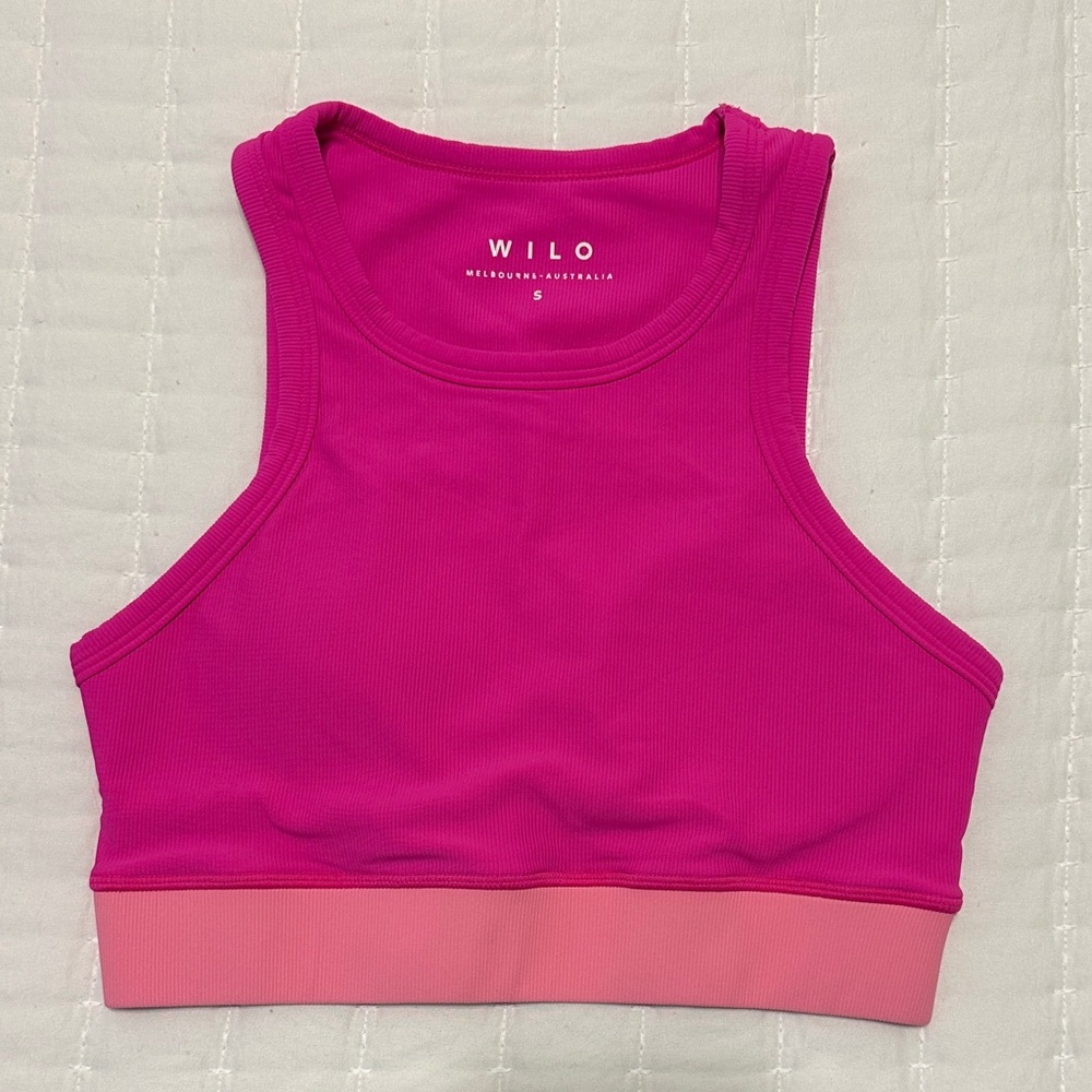 Wilo Sports Bra Crop Top Ribbed Pink Colorblock Workout Exercise Small Unpadded